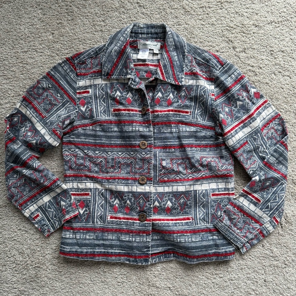 Coldwater Creek Red and Blue Geometric Linen Blend Jacket
